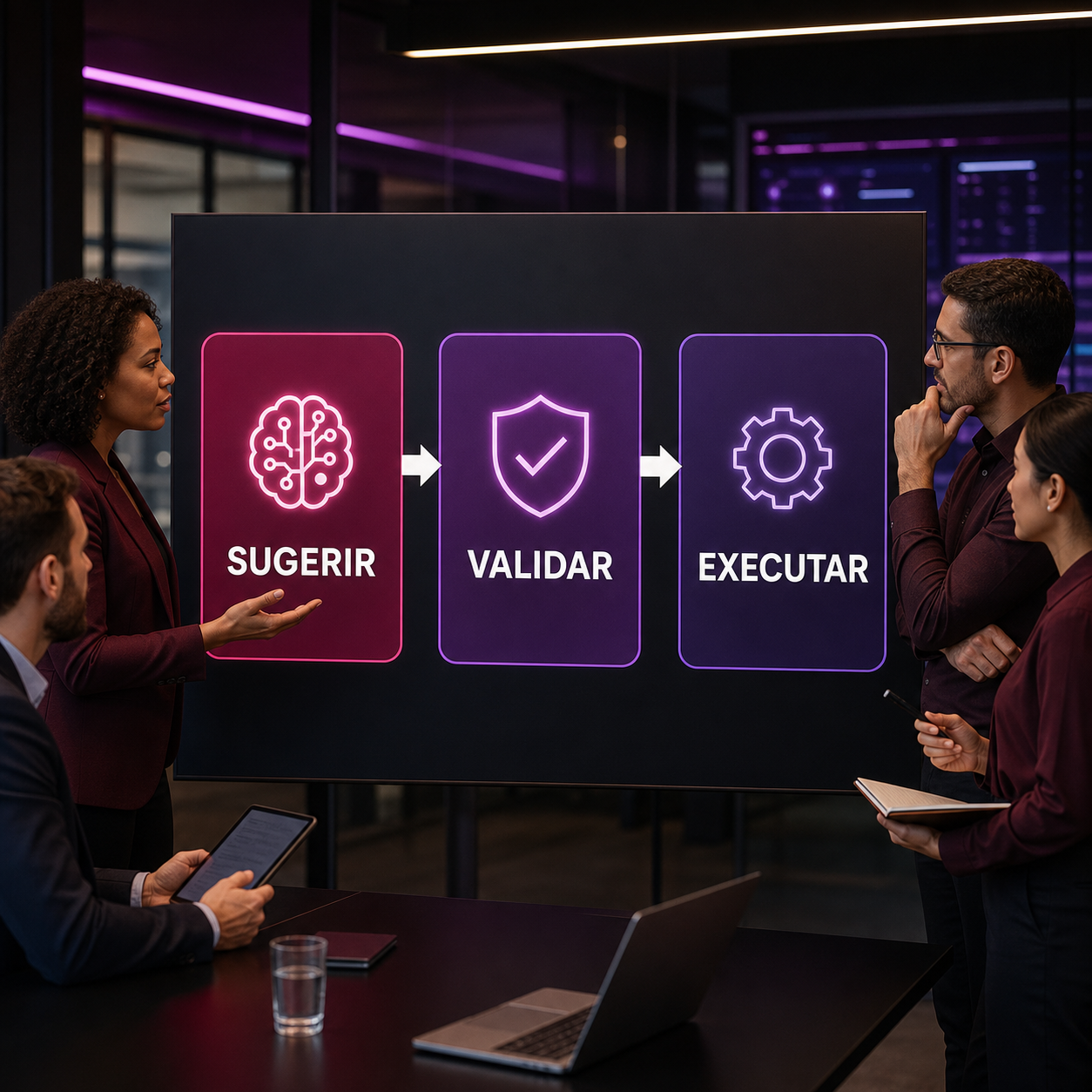 Profissionais analisando um fluxo de IA com etapas grandes de sugerir, validar e executar antes da automação final