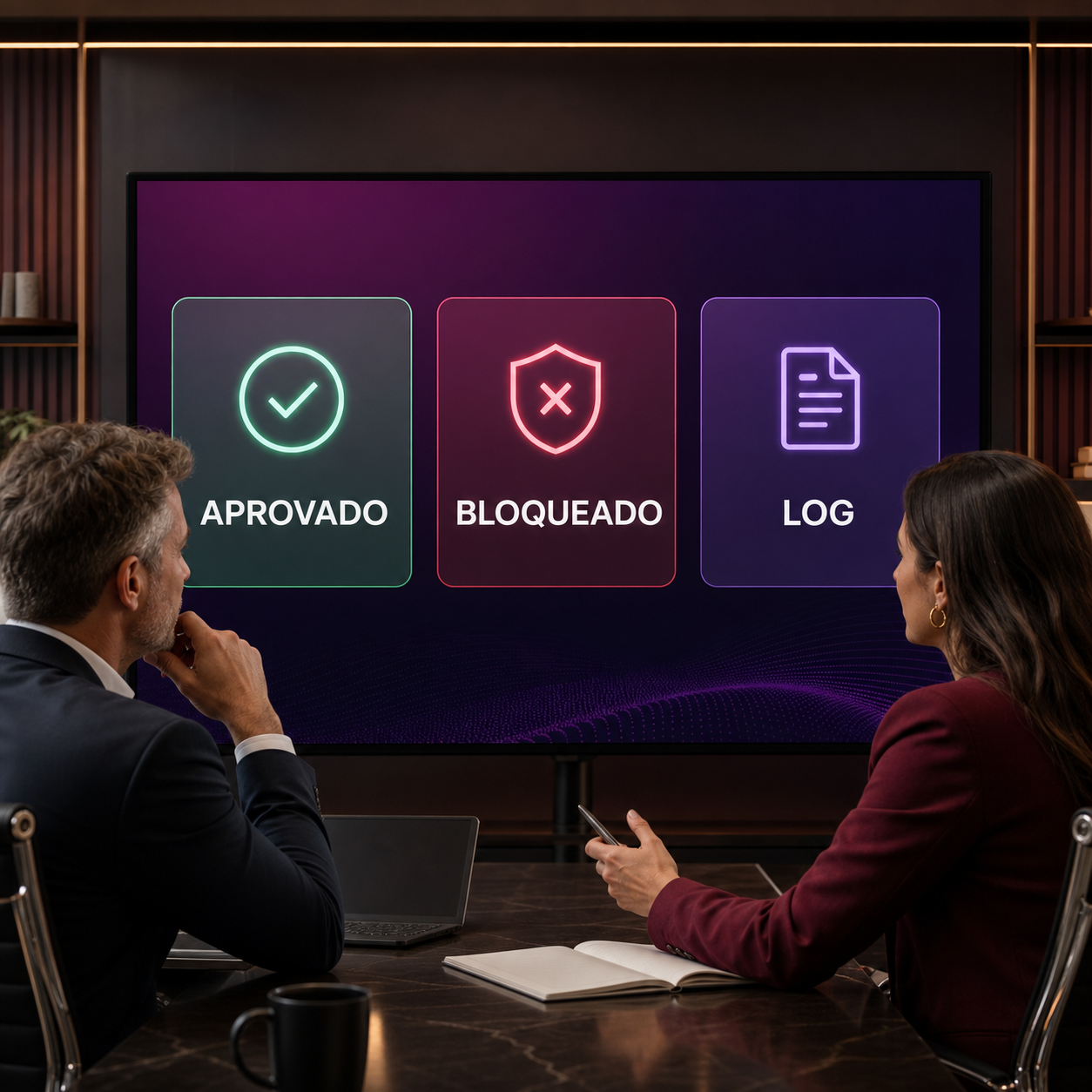 Gestores revisando um painel simples de governança de IA com cartões grandes de aprovado, bloqueado e log