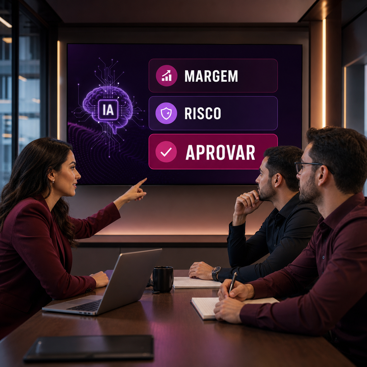 Profissionais revisando painel de IA com margem, risco e aprovação de desconto comercial