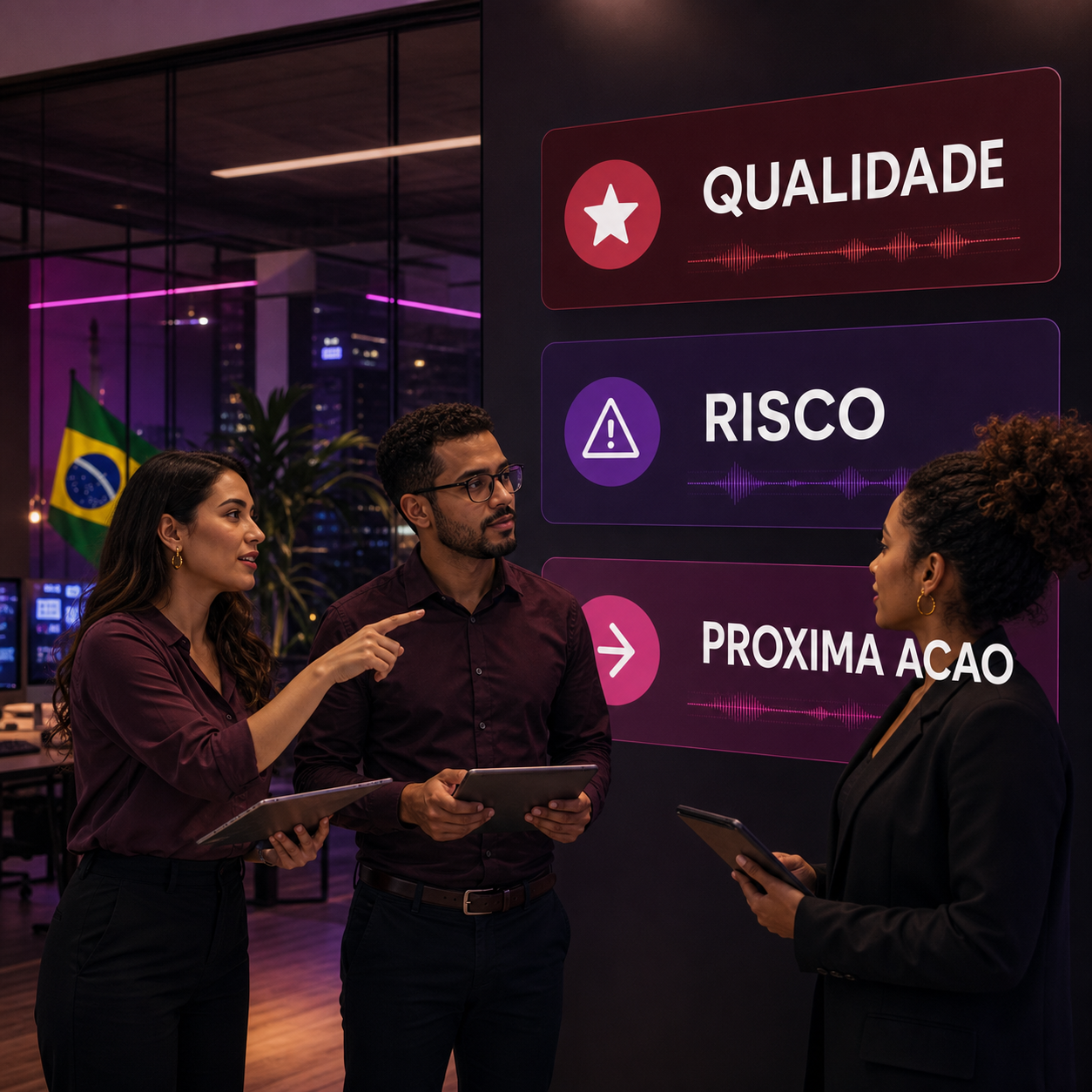 Profissionais revisando cartões de qualidade, risco e próxima ação em auditoria de conversas com IA