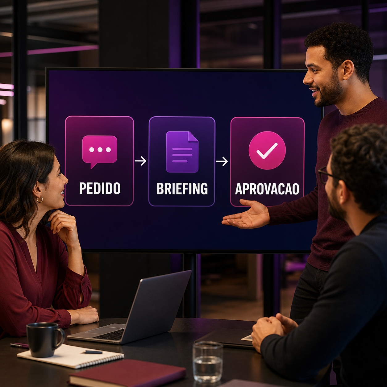 Profissionais de marketing e operação revisando briefing de campanha com IA