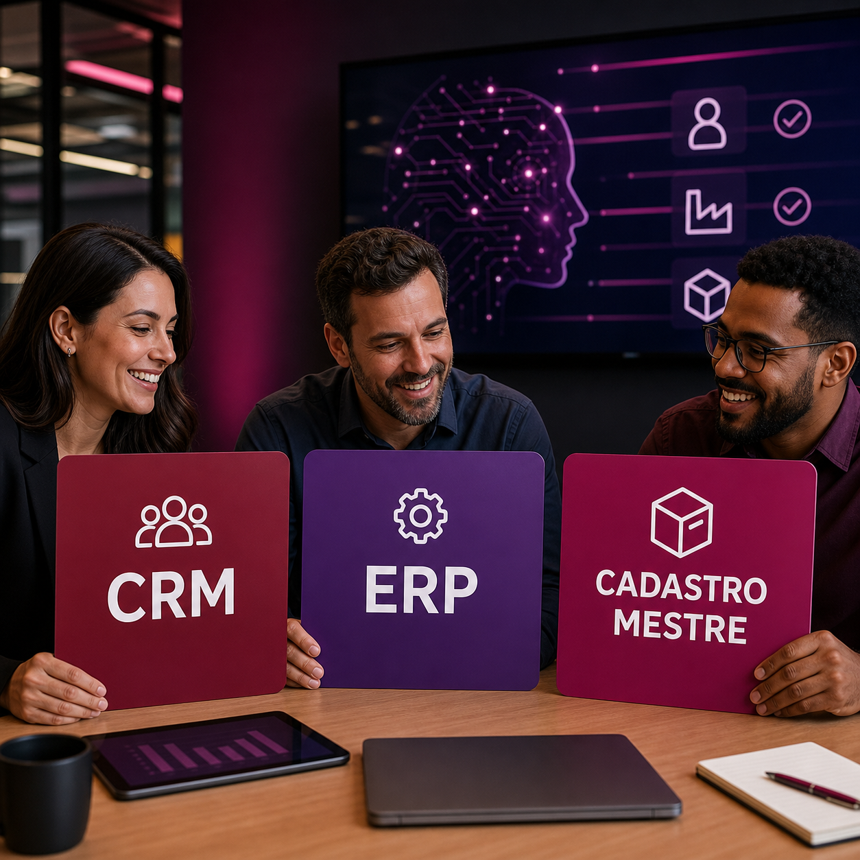 Profissionais revisando CRM, ERP e cadastro mestre em cartões grandes com IA
