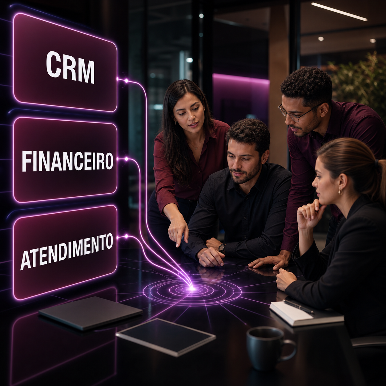 Profissionais analisando cartões de CRM, financeiro e atendimento conectados por IA