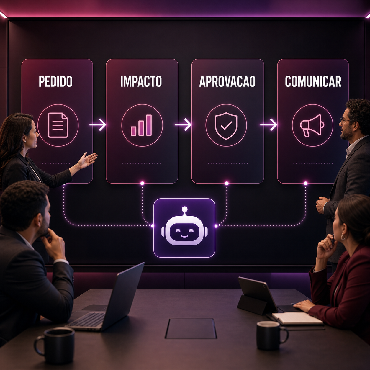 Profissionais brasileiros acompanhando fluxo de mudança com pedido, impacto, aprovação e comunicação