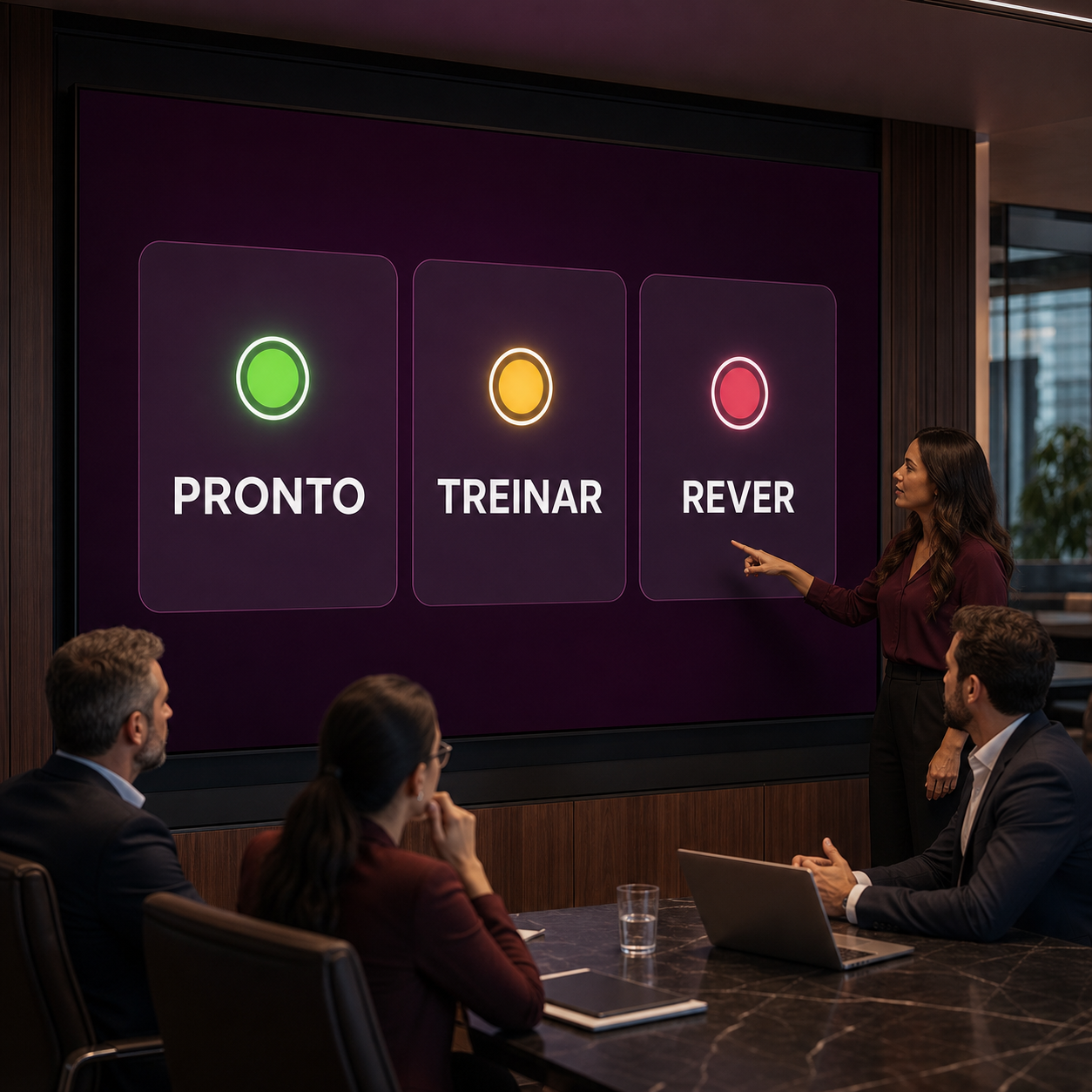 Gestores brasileiros analisando painel simples de prontidão, treinamento e revisão para mudança operacional