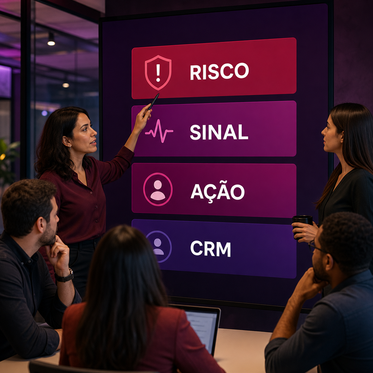Profissionais analisando sinais de risco, ação e CRM em painel de IA para retenção de clientes
