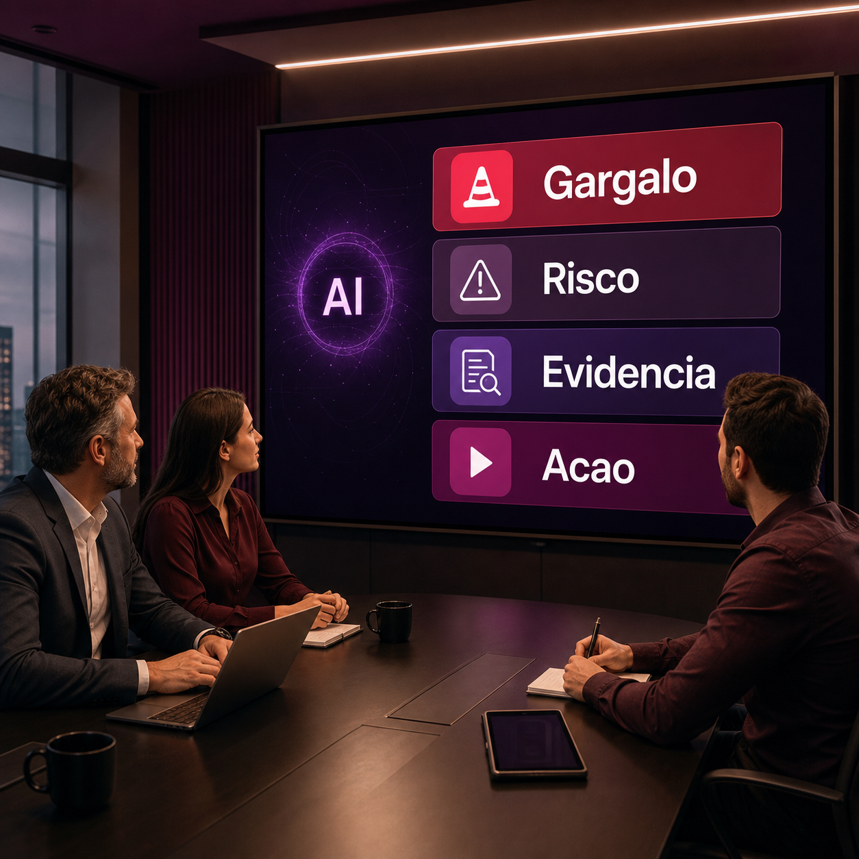 Liderança revisando painel de IA com gargalo, risco, evidência e ação para oportunidades comerciais