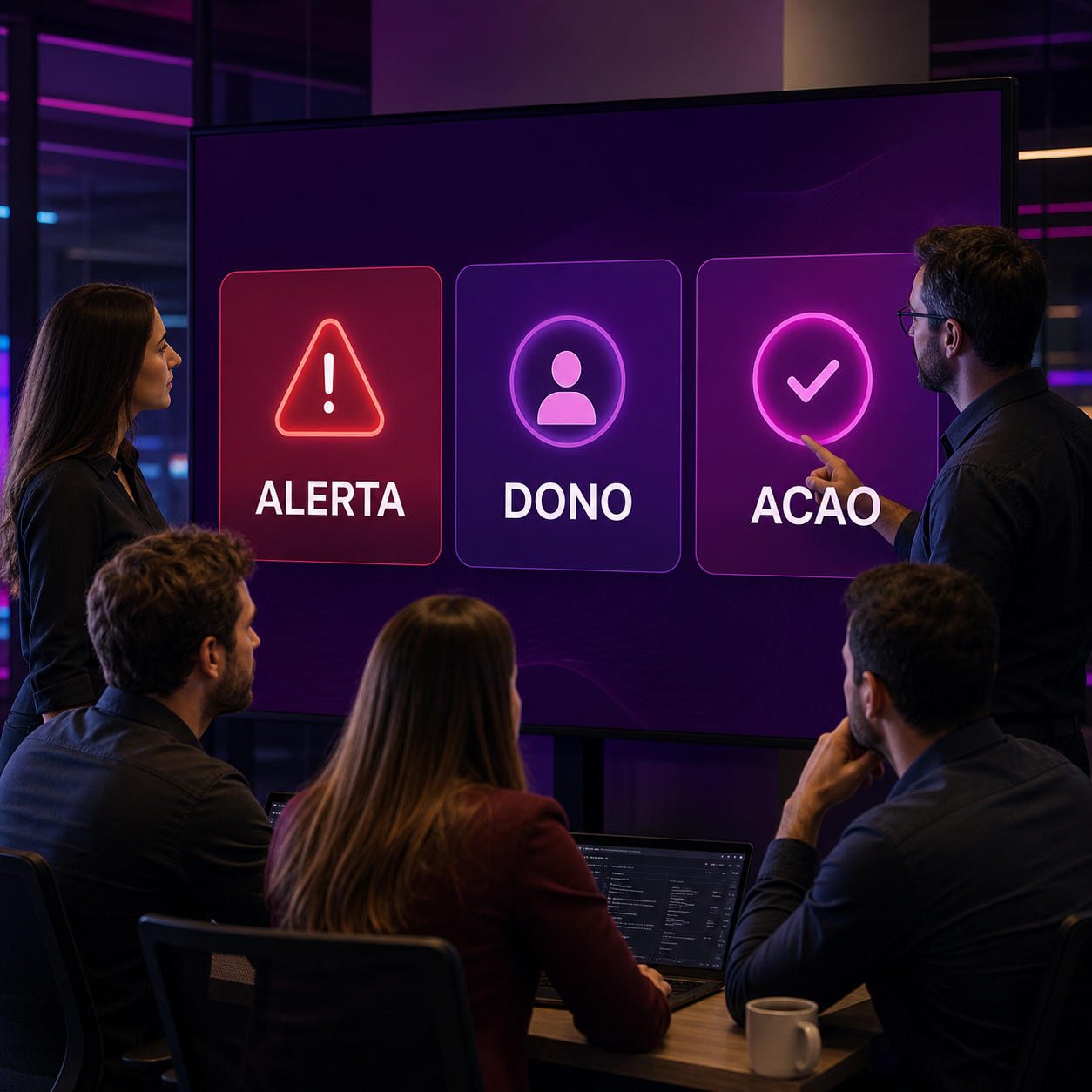 Profissionais revisando alertas e responsáveis de automações críticas com apoio de IA