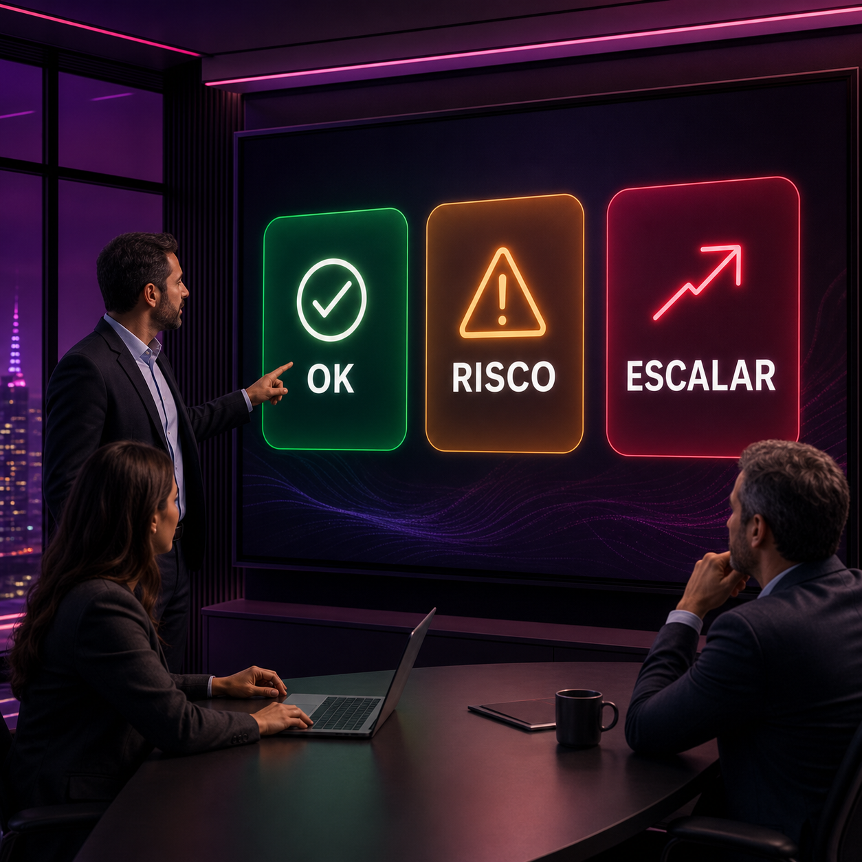 Gestores brasileiros analisando painel simples de IA com status OK, risco e escalar para automações críticas