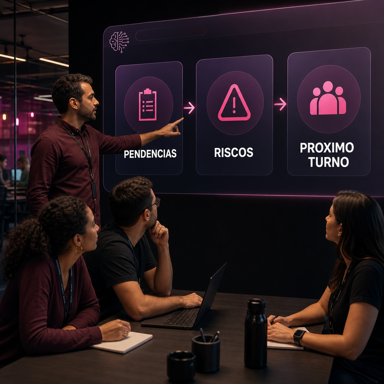 Profissionais revisando painel de IA com pendências, riscos e próximo turno em visual premium