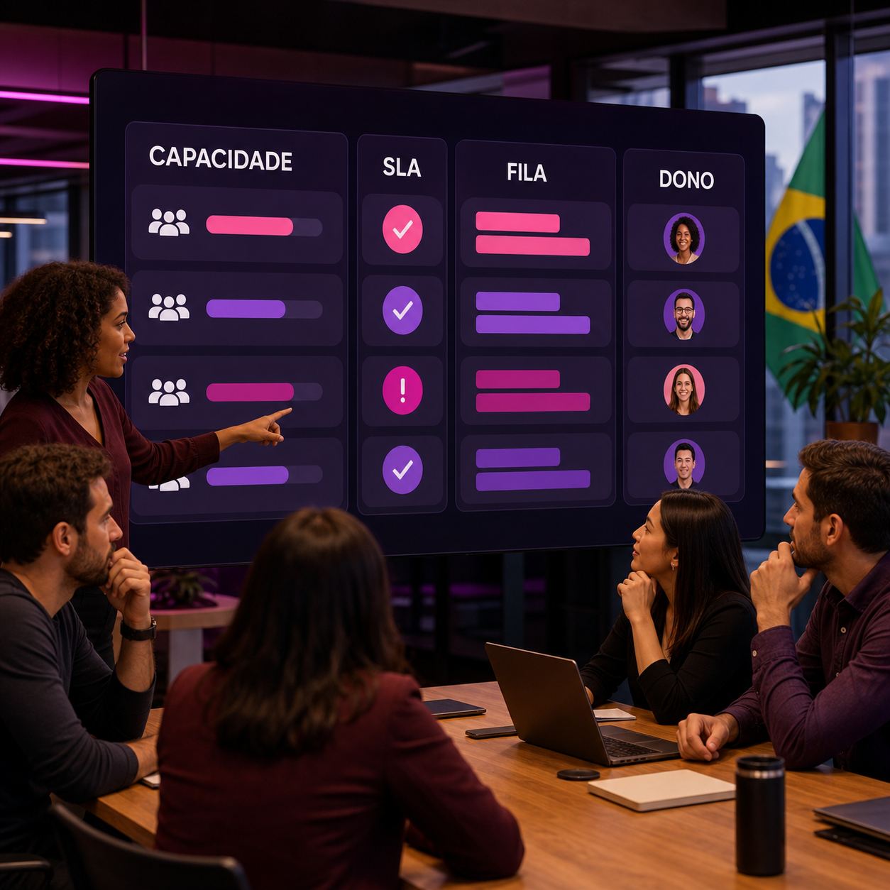 Profissionais de operação planejando capacidade da equipe com IA
