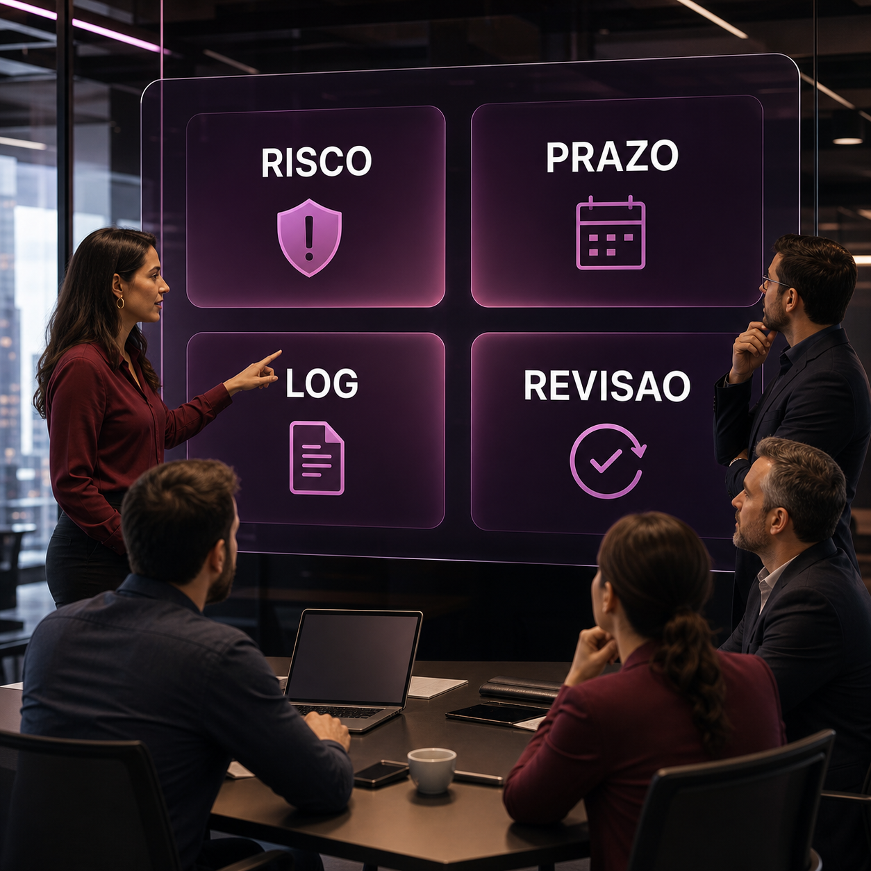 Gestores brasileiros analisando painel de IA com risco, prazo, log e revisão para decisões operacionais