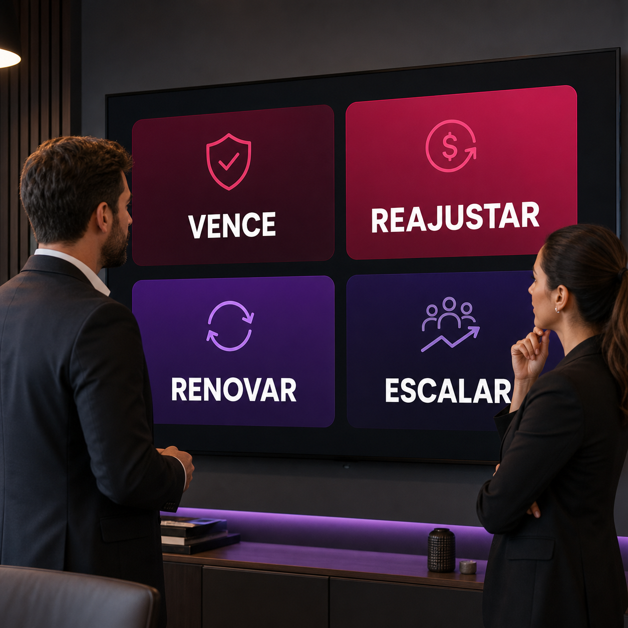 Gestores brasileiros analisando painel simples de IA com vencimentos, reajustes, renovações e escalonamentos de contratos