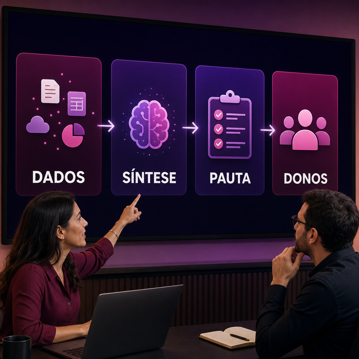 Profissionais brasileiros revisando fluxo com dados, síntese, pauta e donos para reunião de performance com clientes