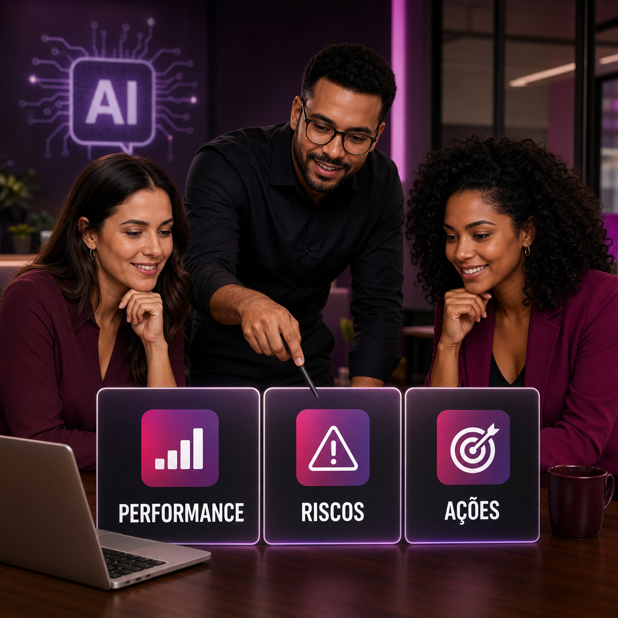 Profissionais de sucesso do cliente, marketing e operação revisando performance com apoio de IA