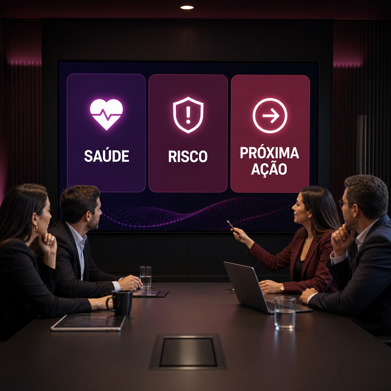 Gestores brasileiros analisando painel simples de saúde, risco e próxima ação para clientes B2B com IA