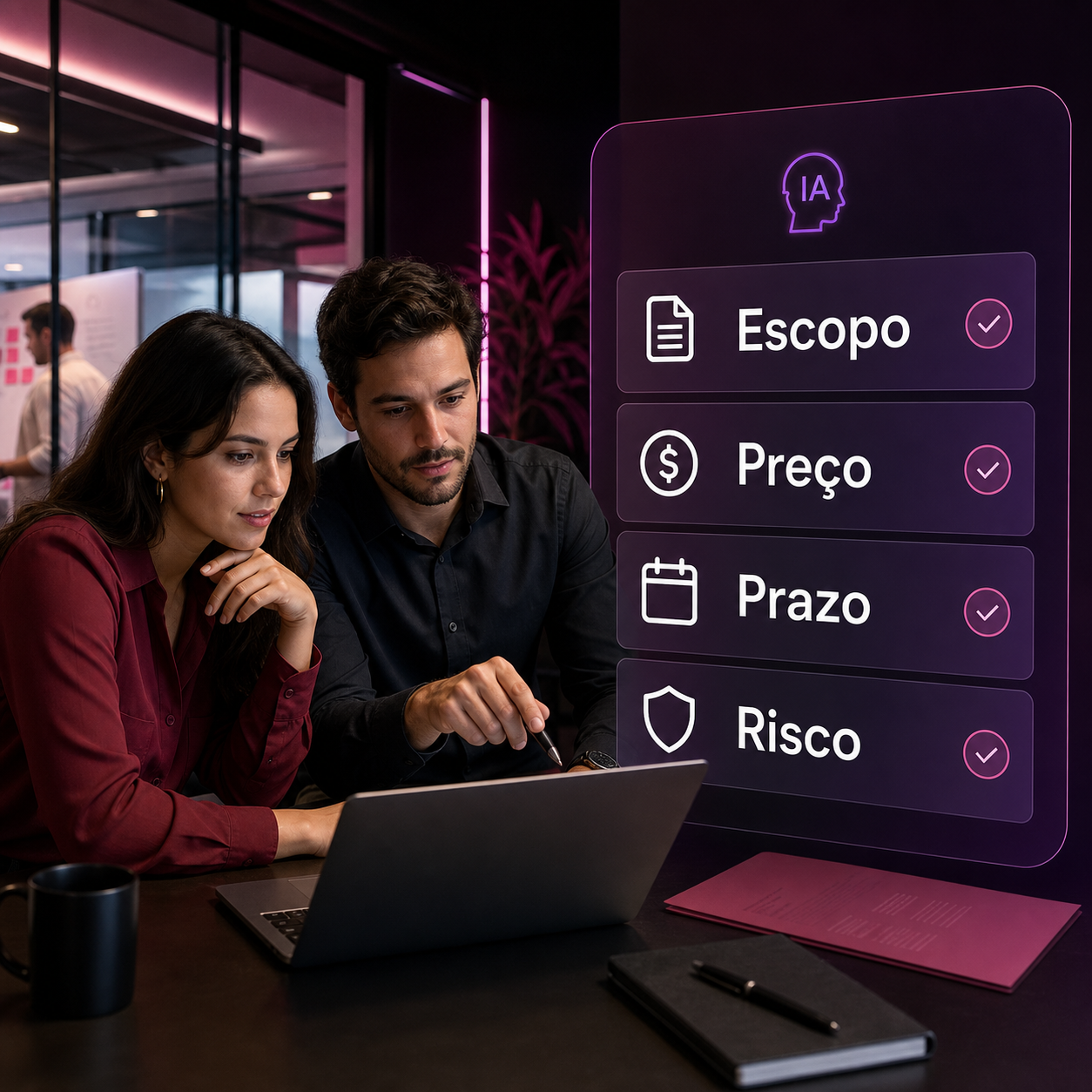 Equipe comercial usando IA para revisar escopo, preço, prazo e risco de uma proposta antes do envio