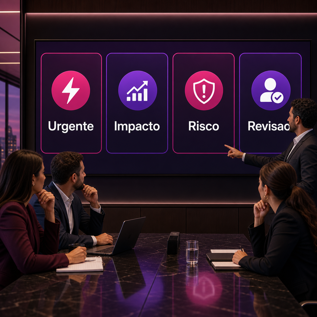 Gestores brasileiros analisando painel simples de urgência, impacto, risco e revisão para tarefas diárias com IA