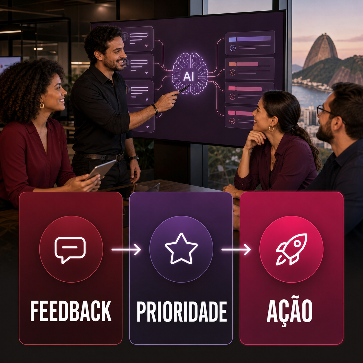 Profissionais revisando feedback, prioridade e ação em painel de IA com visual premium