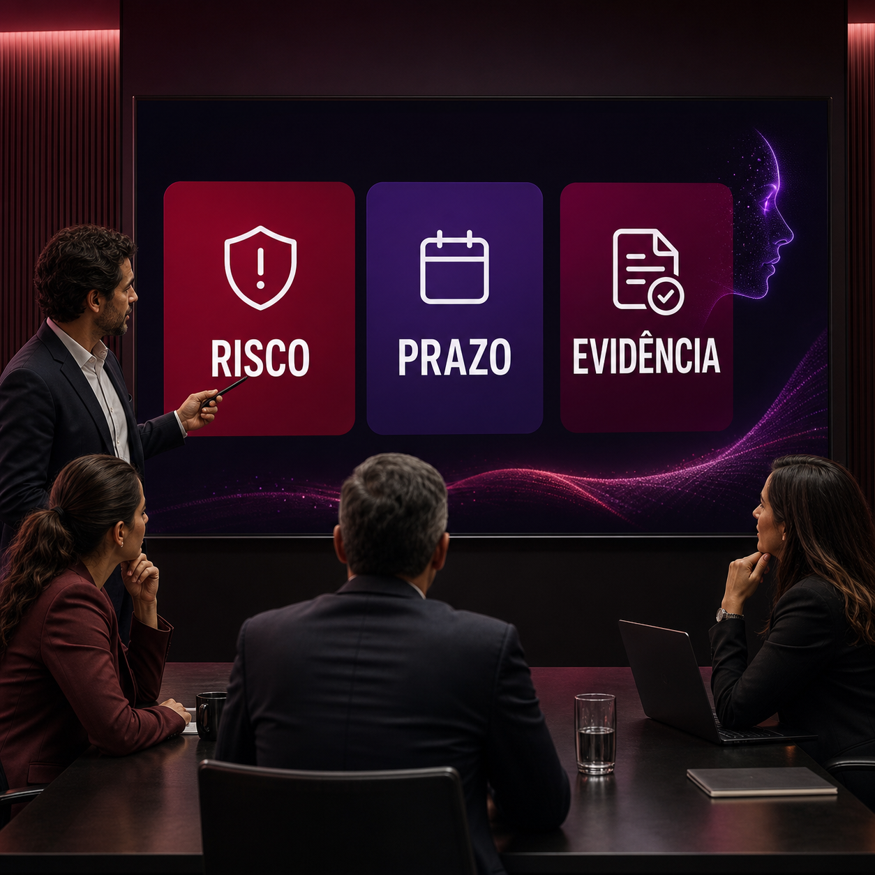 Liderança revisando painel de IA com risco, prazo e evidência para governar planos de ação empresariais