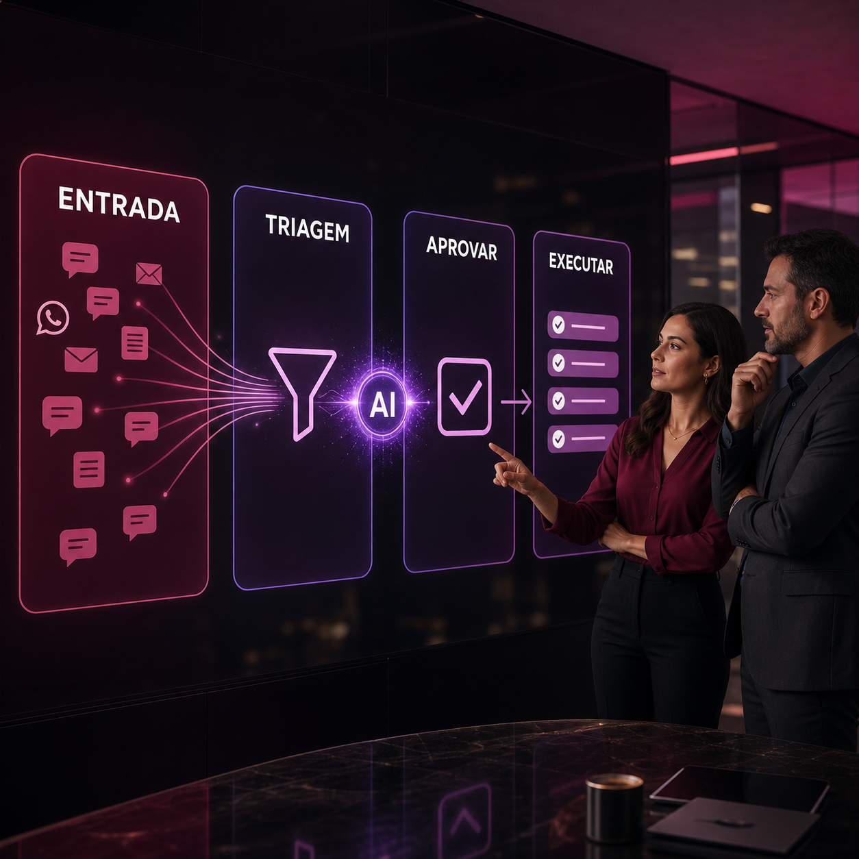 Profissionais analisando fluxo de IA com etapas entrada, triagem, aprovar e executar para organizar pedidos internos