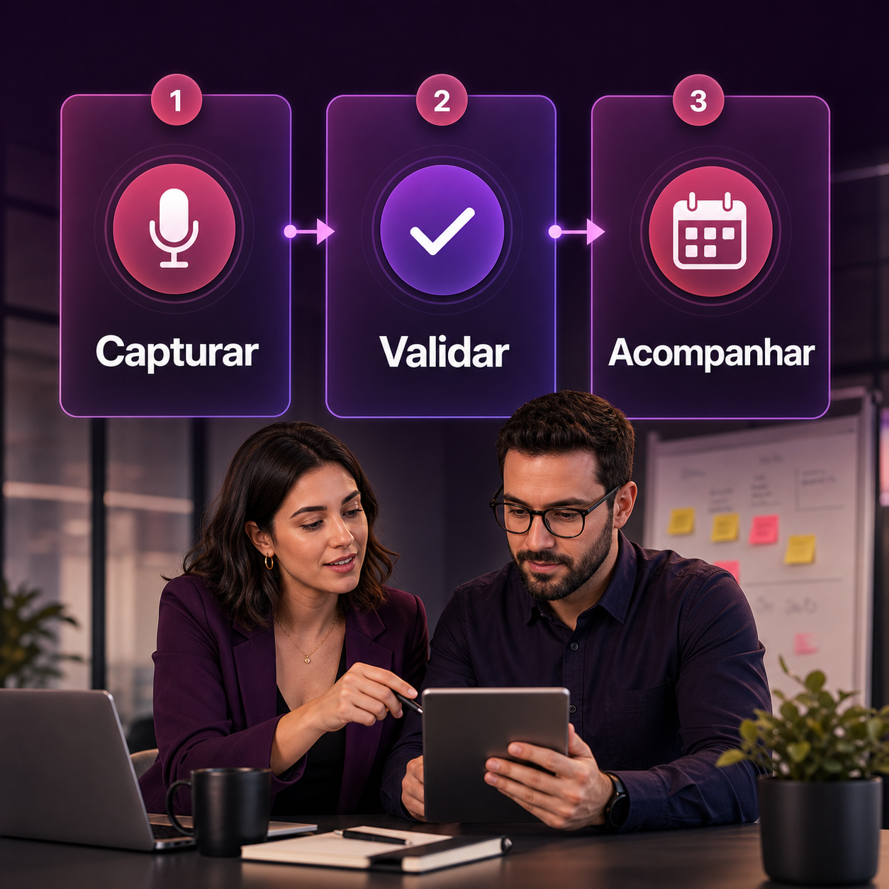 Dois profissionais revisando um fluxo simples de IA com três etapas grandes: capturar, validar e acompanhar