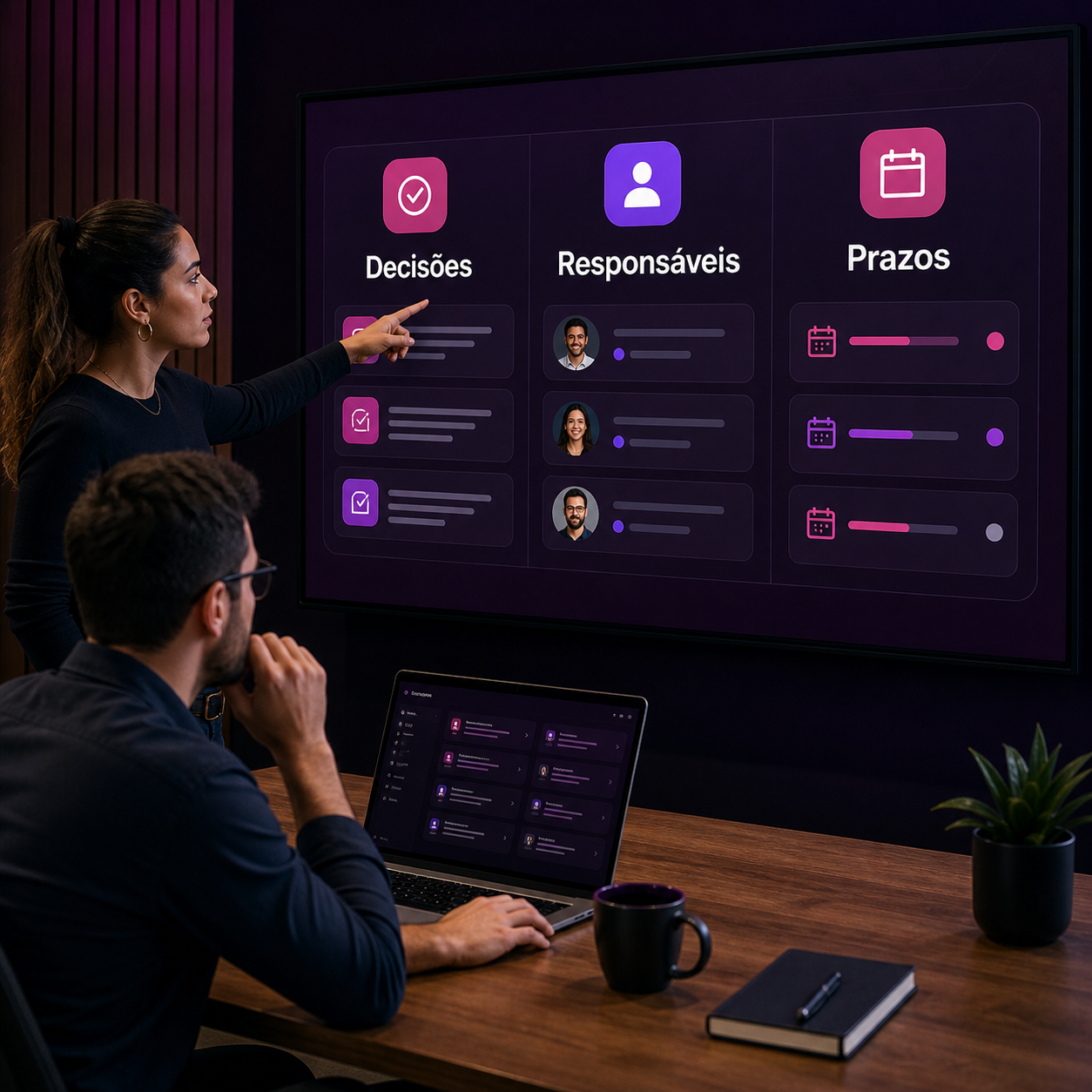 Equipe de marketing usando um painel com decisões, responsáveis e prazos em cartões grandes e legíveis