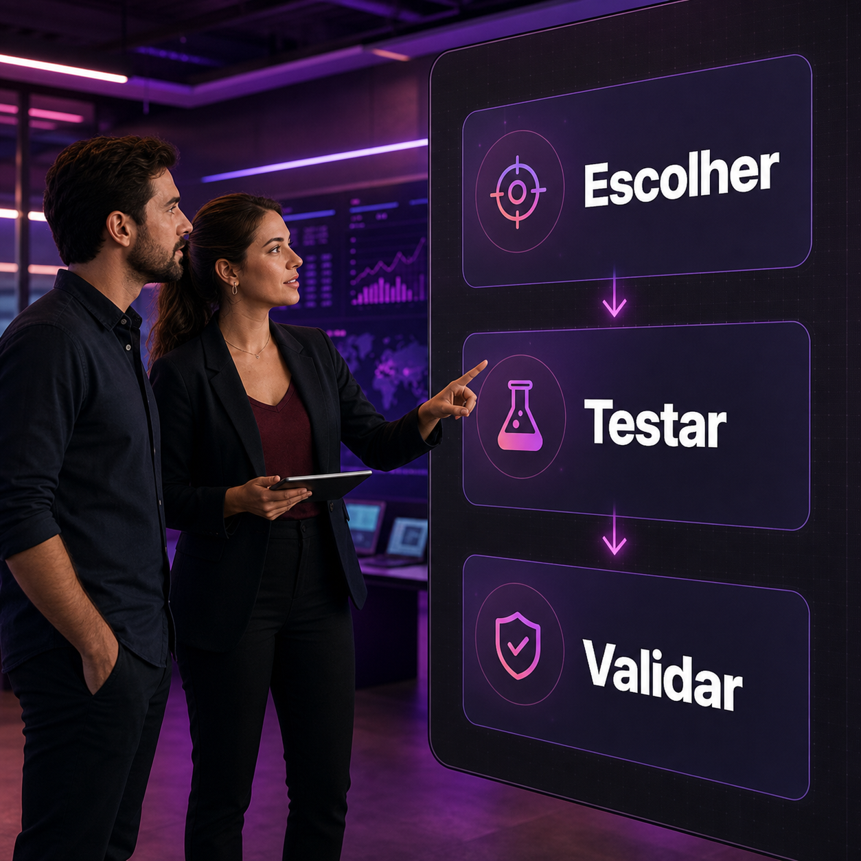 Dois profissionais revisando um fluxo simples de IA com três etapas grandes: escolher, testar e validar