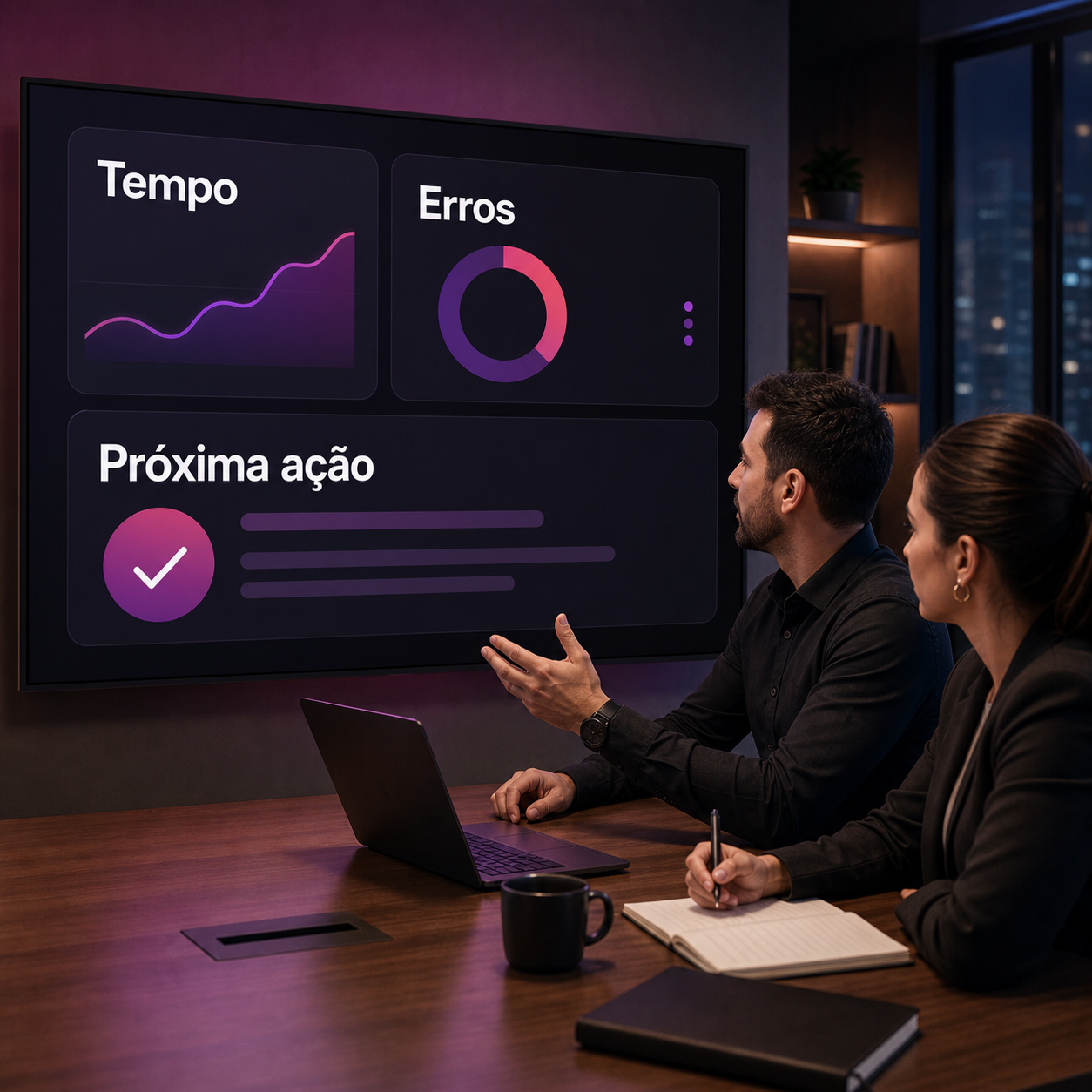Profissionais avaliando um painel de IA com cartões grandes de tempo, erros e próxima ação para medir a rotina semanal